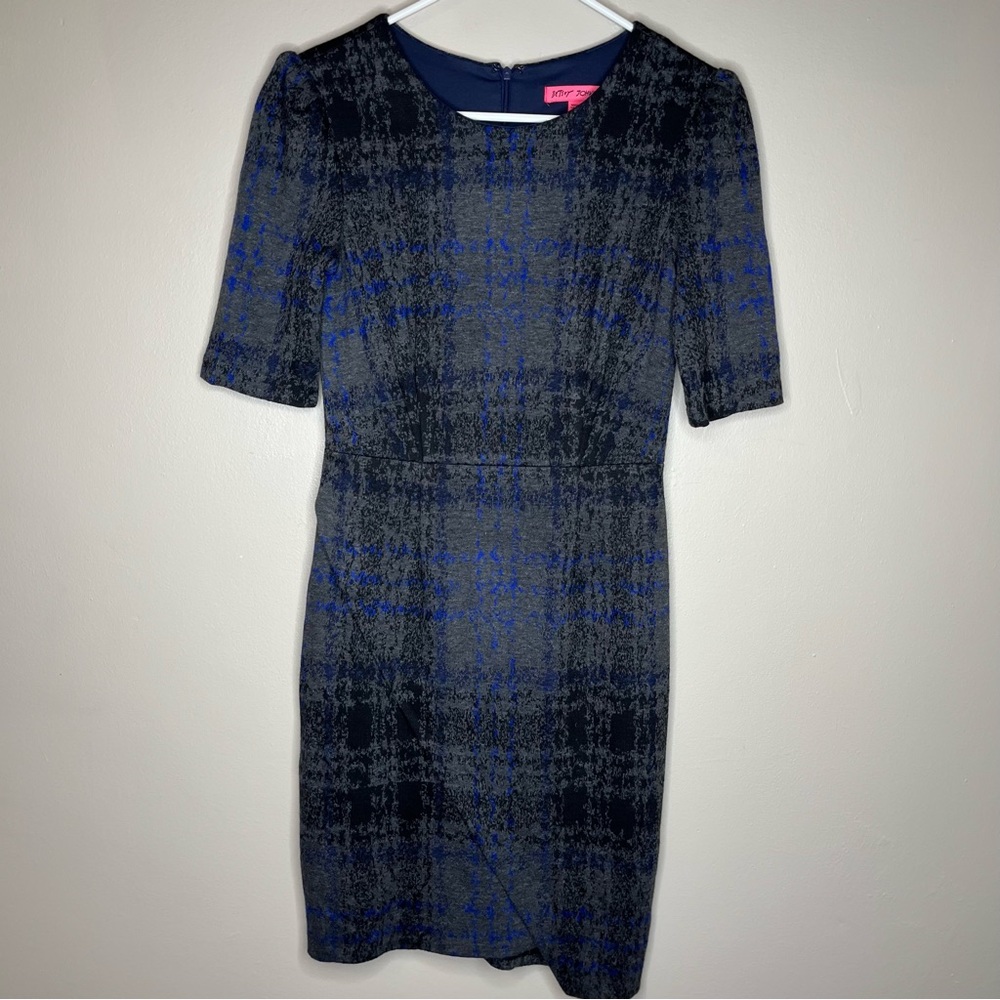 Betsey Johnson Size 2 Plaid Lined Asymmetrical Faux Wrap Gray/Black/Blue Dress